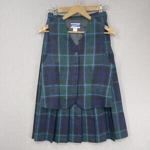 Pendleton Vest Skirt Set Womens 6 Green Blue Plaid Wool Petite Pleated Made USA